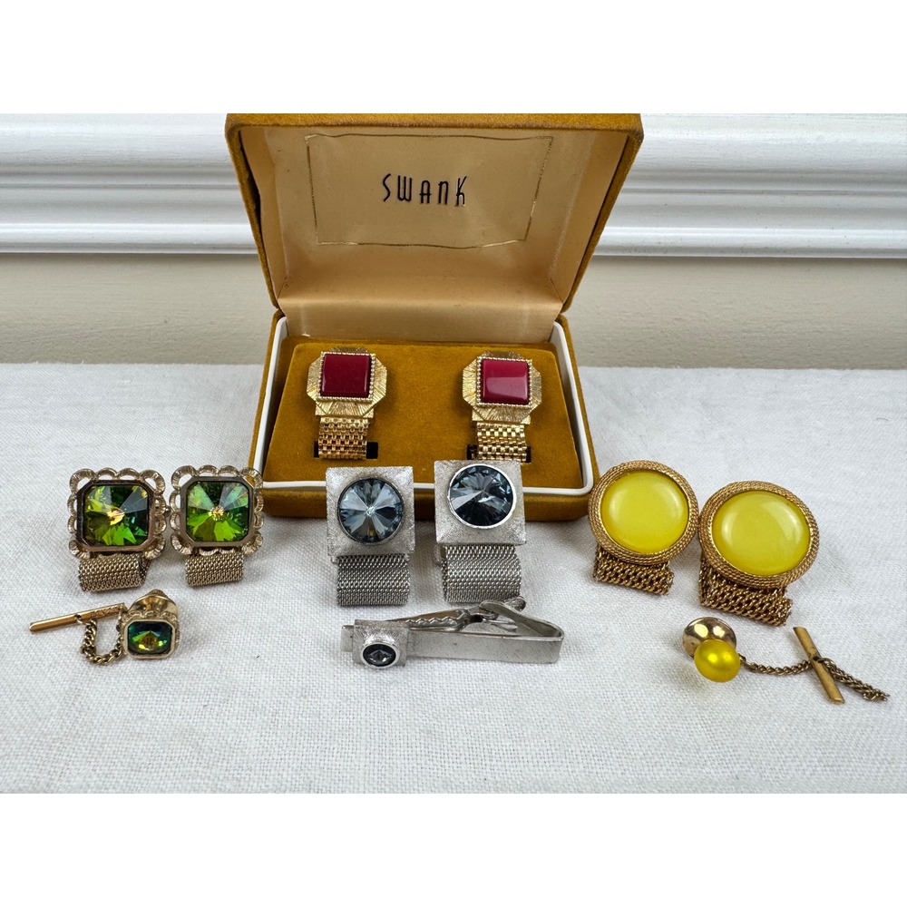Vintage MCM Mens Cufflink Mesh Wrap Lot 6 w Tie Pins